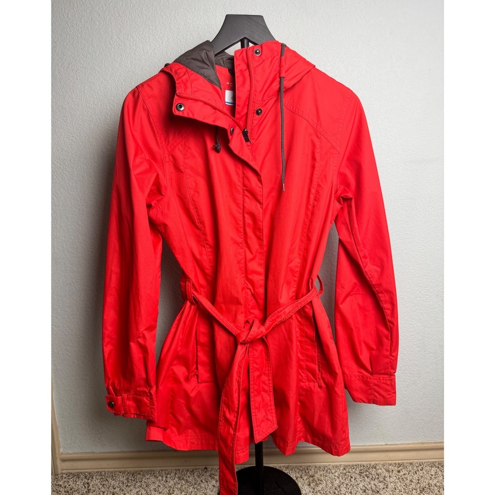Columbia Omni-Shield Red Hooded Trench Rain Coat Jacket Women Medium Belted